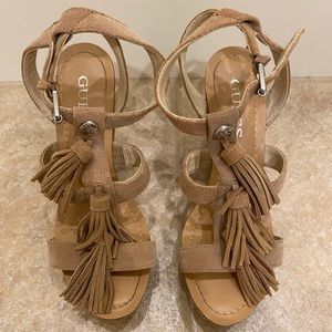Guess Cork tassel high heel wedges